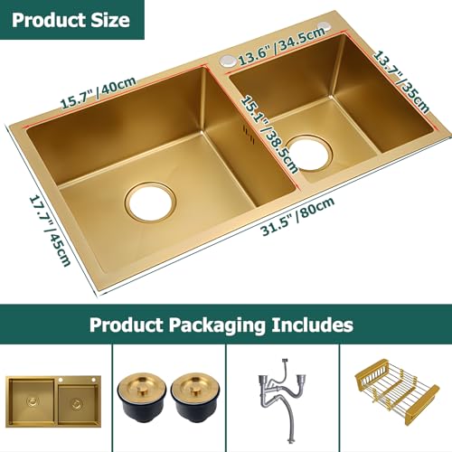 Fregadero de doble lavabo dorado 80 cm acero inoxidable para cocina con tapón de drenaje 6