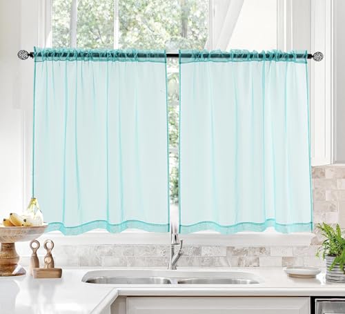 PI Sheer Curtains,Small Window Treatment Light Voile with Rod Pocket for Café/Kitchen/Bedroom/Living Room 2 Panels (W42XL45,Lake Blue)