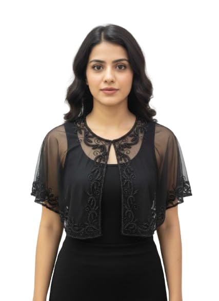 Liva Embroidered Cape Shrug for Women, Hand Beaded Net, Free Size, Black Floral, Round Neck (in, Alpha, Free Size, Regular, Black Black)-picture-12
