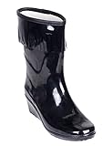 Forever Young Women Rain Boots, Short Rubber Wedged Boots with Fringed Cuff Trim, Black, 9