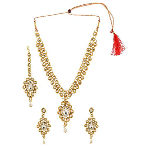 Efulgenz Indian Bollywood 14 K Gold Plated Kundan Choker Multilayer Neckalce Earrings Maangtikka Wedding Bridal Jewelry Set
