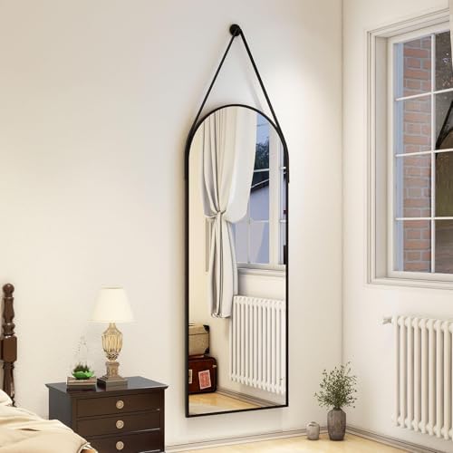 16''x48'' Full Length Mirror, Modern Arched Door Mirror Full Length with Hanging Leather Cord, Wall Mounted Mirror with Hanging Leather Strap for Bathroom Vanity Living Room Bedroom Entrance，Black