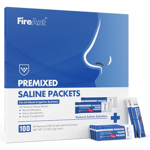 FireAnt Saline Packets for Sinus Rinse, 100 Premixed Neti Pot Salt Packet for Nasal Rinse, Sinus Rinse Packets for Nasal Irrigation System, PH Balanced - 100 Count