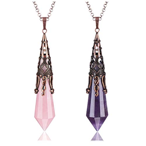 PESOENTH 2pc Amethyst Rose Quartz Crystal Healing Necklace Women Natural Real Purple Pink Quartz Gemstone Reiki Chakra Stone Dowsing Pendulum Vintage Bronze Flower Wrap Necklace Jewellery Gifts