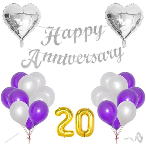 Image of Flyloons 20th Happy Anniversary Decoration Items Purple for Men Women Husband Wife Mom Dad Parent Couple Home Bedroom Car With 20 Pcs Metallic Balloons Anniversary Banner 2 Pcs Heart Set Kit