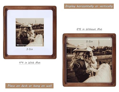 Image of Square 6x6 Picture Frame with Mat for 4x4, USA-Sourced Natural Walnut Wood Handcrafted Rounded Corner with Real Glass, Vertical or Horizontal Display Photo Gallery Wall & Tabletop Frame