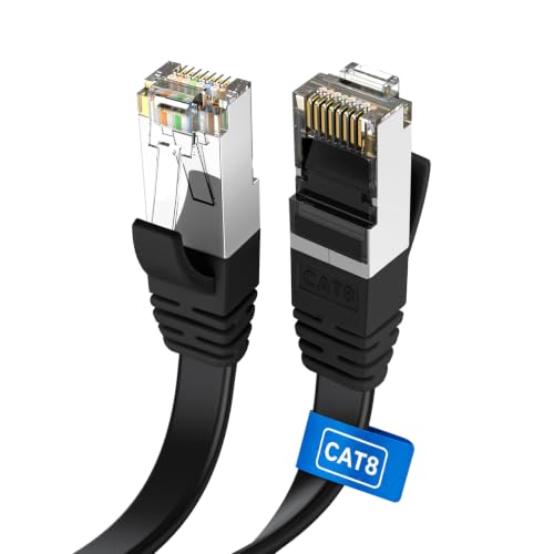Ercielook CAT8 Ethernet Cable 30 ft High Speed Shielded Flat Internet Cable Weatherproof S/FTP UV Resistant for Router/Gaming/Modem - Black