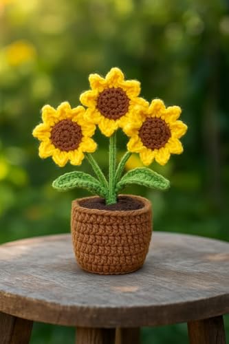 Image of VRB Dec 1 Pcs Crochet Flowers Artificial Sunflower for Office Desk Car Dashboard Decor,Home Decoration, Office, Bedroom (Triple Sunflower with Crochet Flower - 1 Pcs)