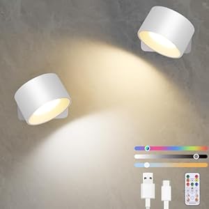 Diealles Shine Applique da Parete Interno 2 Pcs, USB-C Ricaricabile Lampada da Parete, Plafoniere da Parete Dimmerabili Senza Forare, Ruotare 360°, Touch Control e Telecomando, 19 RGB Colori (Bianco)