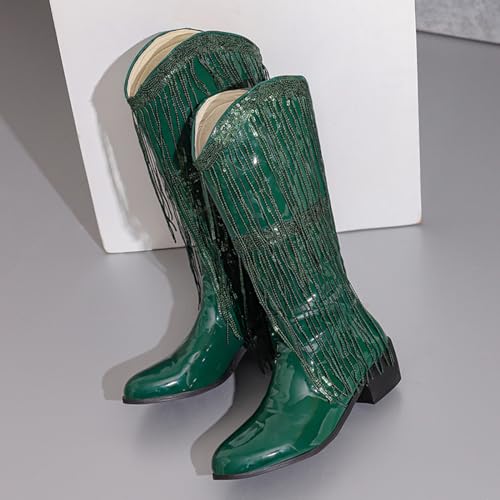 MRKEWUNEY Mode Kwast Cowboy Laarzen voor dames Metallic Cowgirl Mid-Calf Laarzen - Afbeelding 8