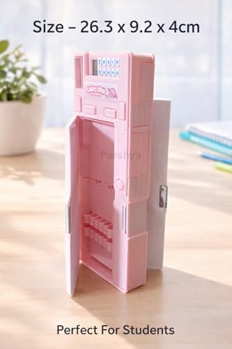 Image of KiddieWorld Pencil Box for Kids with Calculator & Sharpener | Multi-Compartment Plastic Pencil Case with Writing Pad | Cute Pink Pencil Box for Girls School Use