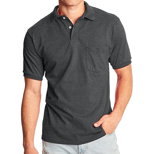 Men's Loose Solid Pocket Polo Shirt Classic Comfy Casual Business T Shirts Summer Chest Pocket Golf Pullover Tops (Dark Grey,3X-Large)