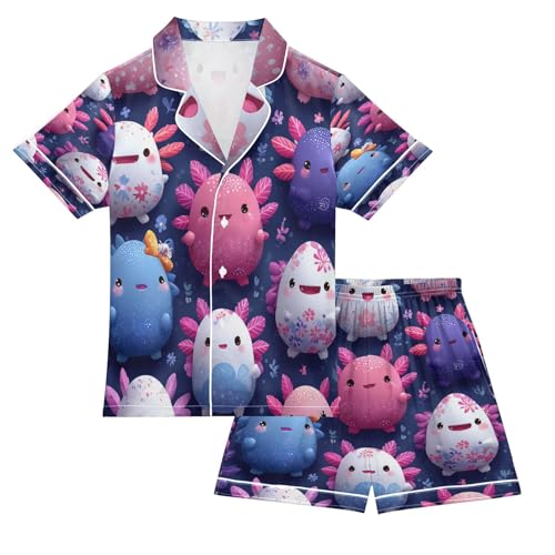 Satin Pajama Sets Short Sleeve Cute Axolotls Eggs Button Down Silky Nightwear 2 Piece PJS 5-14Y