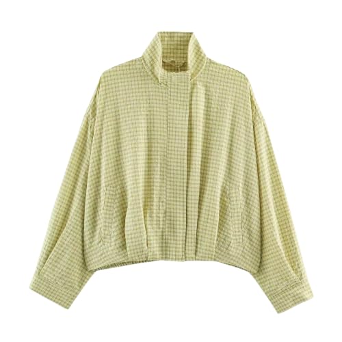 Plaid Bomber Jacket Women Oversized Cropped Funnel Neck Gingham Jacket - image 1
