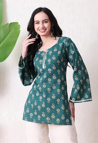 Image of MEERA FAB Women's Floral Printed Cotton Short Kurta | Floral Printed Kurta with Bell Sleeves | Short Kurti for Women