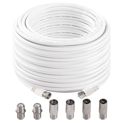 KUOQIY 20m 75 Ohm Câble Coaxial RG6, F Mâle vers F Mâle Haut Débit RG6 Câble D'antenne TV, avec 6 Pièces Coupleurs D'extension, pour décodeur, TV, Satellite, Routeur Numérique