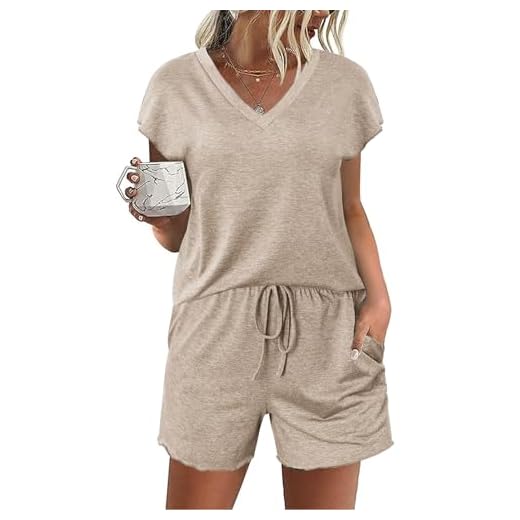Ekouaer Pijama feminino de manga curta, conjunto de pijama de verão com gola V, 2 peças, roupa de dormir P-2GG, Caqui, M