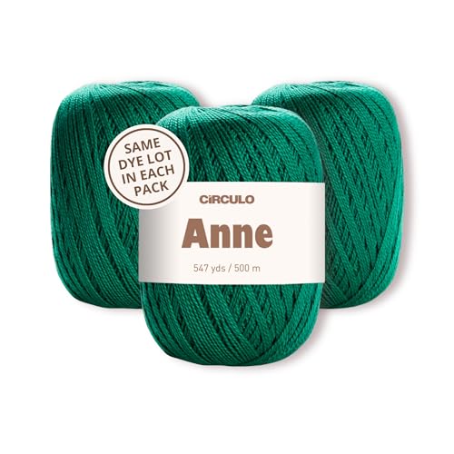 Image of CIRCULO Anne Yarn Pack, 1641 yds for Knitting & Crochet, 3 Balls of 100% Mercerized Brazilian Virgin Cotton, Soft Fingering Weight, Color 5363 Emerald