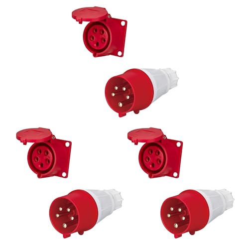 Image of LEYDEN 5 Pin, 32A, 220-440VAC, Industrial Panel Socket with Plug IP44 Waterproof Plug Socket Male Female Connector (Plug & Panel Socket 3 Pcs)