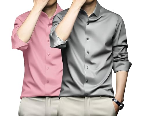 Image of DEELMO Combo of Men's Stylish Solid Satin Casual Shirt for Men Full Sleeves| Poly Satin Silk Shirt Pack of 2