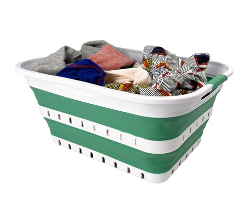 Image of SAMMART 42L (11 gallon) Collapsible Plastic Laundry Basket - Foldable Pop Up Storage Container /Organizer - Space Saving Hamper /Basket (1, White /Winter Green)