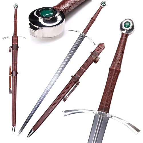 52" European Medieval Knight Western Sword Sharp 65 Manganese Steel Blade Full Tang Real Sword,Handcrafted Top-Grain Leather Handle & Scabbard,Medieval Collectible & Cosplay Prop