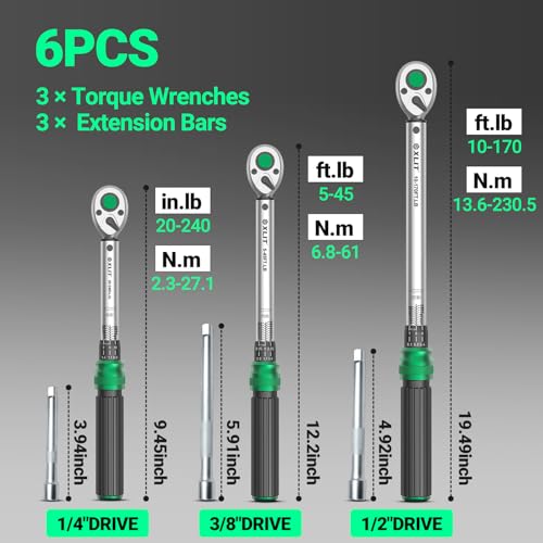 Image of 3-Piece Torque Wrench Set - 3 Click Wrenches (1 /4 inch, 3 /8 inch, 1 /2 inch) with 3pc Extension Bars, 72-Tooth Ratchet, ±3% Accuracy, for Automotive, Motorcycle & E-Bike