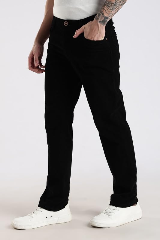 Image of NEVER NEUD Men's Corduroy Trousers, Stylish Mid Rise Straight Fit Pants for Men, 98% Cotton 2% Elastane, Button Closure, 4 Pockets (Black, 32)