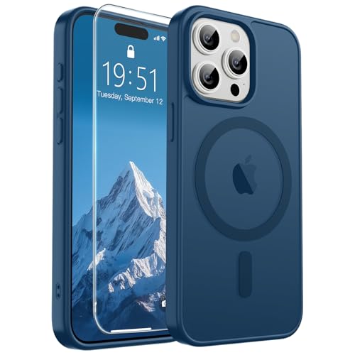 Image of SUPFINE Magnetic for iPhone 15 Pro Case with Screen Protector (Compatible with MagSafe) (Military Grade Drop Protection) Translucent Matte Shockproof with Anti-Fingerprint Phone Case,Deep Blue