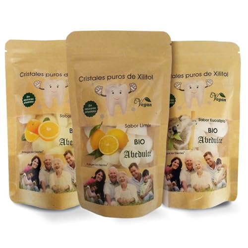 Pack Abedulce Caramelos Cristales Puros de Xilitol Sabor Eucalipto, Limón y Naranja | 3 Bolsitas de 40 Unidades cada una | Total 120 Caramelos