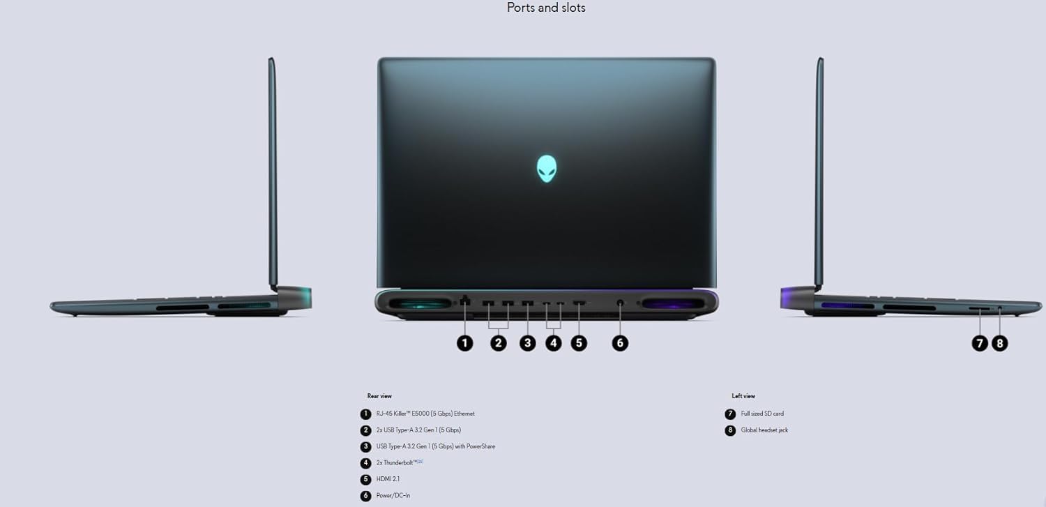 New Alien.Ware Area-51 Gaming Laptop 18" WQXGA (2560x1600) 300Hz Display 20-Cores Ultra 7 Processor 255HX 32GB RAM 1TB SSD Geforce RTX 5060 8GB GDDR7 Graphics Thunderbolt Ethernet Wi-Fi 7 Win 11Home