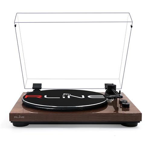 RLINE - Tocadiscos de Vinilo Bluetooth Nogal Brillante, Reproductor de Vinilo de 33 y 45 RPM, Plato de 12' con Borde Cromado, Patas antivibración, Cartucho magnético AT3600, preamplificador activable
