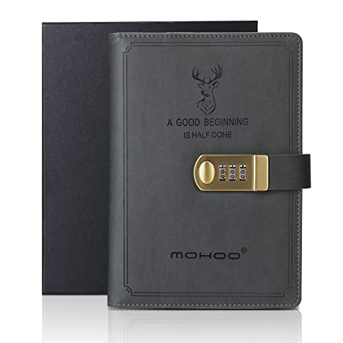 Diario con Contraseña A5, MOHOO 120gms Diario de Bloqueo Secreto Personal 300 Páginas Cuaderno Notas Cuero Secreto Viage Bullet Journal Diary...