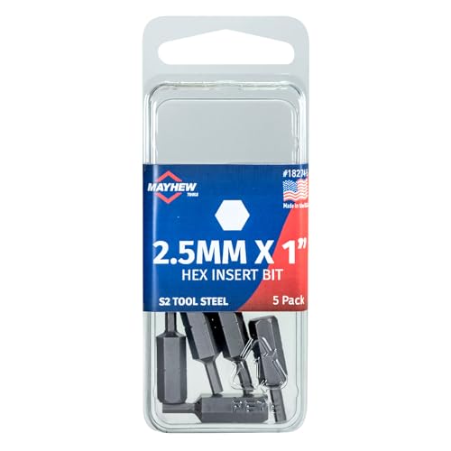 Mayhew Tools 18274-5 Metric Hex Insert Bit, 2.5mm x 1", 1/4" Shank, 5-Pack
