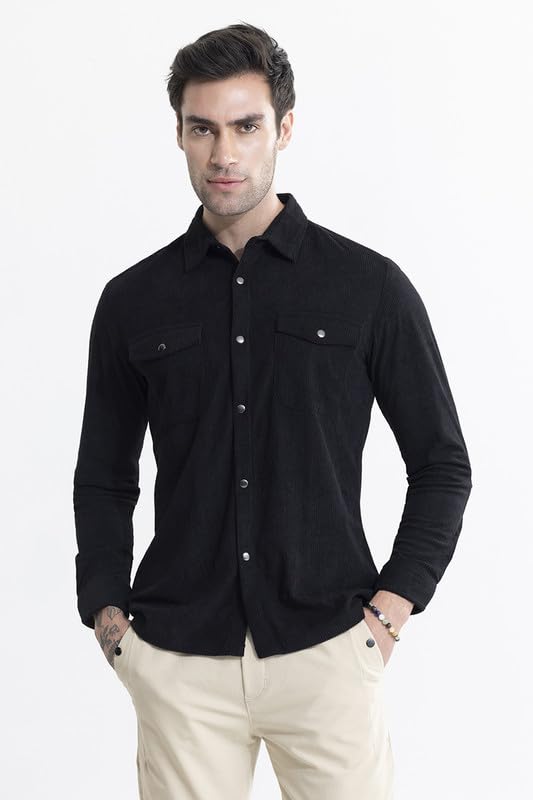 Image of SNITCH Men's Textured Overshirt | Casual Wear| College Holiday Streetwear Style | Cotton Spread Full Sleeve Relaxed Fit Black