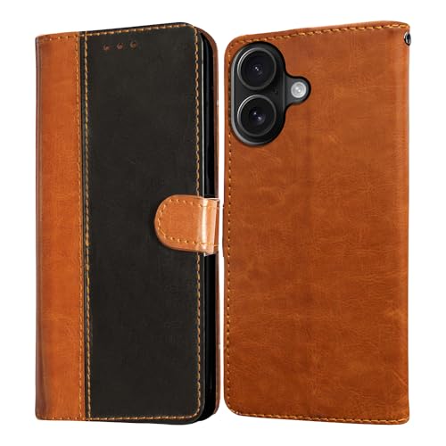 Image of Amazon Brand-Solimo Flip Leather Mobile Cover (Soft & Flexible Back case) for Apple iPhone 16 (CamelBlack)