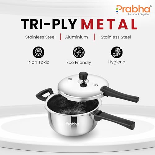 Image of Prabha Stainless Steel Pressure Cooker Outer Lid 6 Litre Tri-Ply Hexa Cube Non-Stick Manual Kitchen Cookware ISI Certified for Gas & Induction