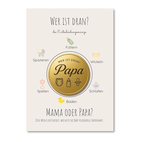 Milaboo® Entscheidungsmünze „Mama oder Papa“ – Goldene Münze (4,5 cm) mit Karte – lustiges Geschenk für frischgebackene Eltern, Baby Shower, Geburt & Familienalltag (Gold)