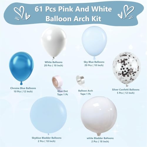 Image of Pastel Blue, White Balloons with blue chrome and silver confetti balloons garland set of 61 pcs for birthday decoration, Baby shower Decoration, Anniversary Party Decoration