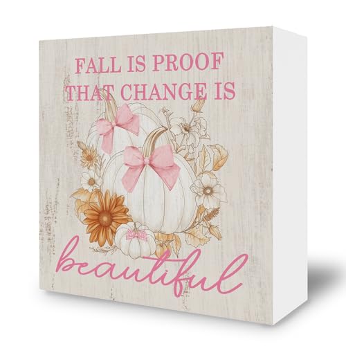 BCUANGD Coquette Pumpkin Desk Decor Decorations - Trendy Autumn Fall Wooden Box Sign, Pink Bows Wood Block Plaque Box Sign for Girls Room Grandmillennial Home Table Decoration, 5x5 Inches