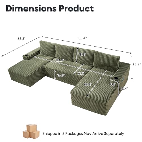 Image of Oversized Cloud Boneless Couch with Chaise, Modern Modular Sofa with Deep Seat, Corduroy Upholstered U Shaped Couch for Living Room, No Assembly Required (Olive Green)