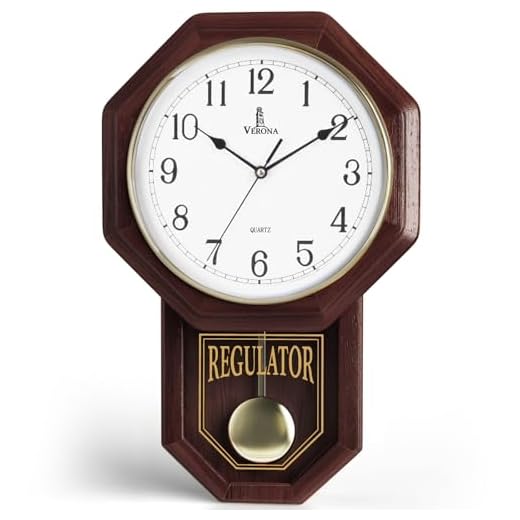 Pendulum Wall Clock - Real Wood Regulator Clock - Schoolhouse Design - Quiet, Non-Chiming, Wooden & Battery Operated - Decorative Wall Decor for Living Room, Home, Office 18x11