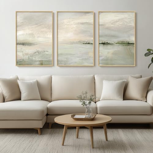 Framed Extra Large Green Abstract Wall Art for Living Room, 3 Pie...