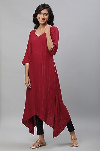 Image of Maroon Embroidered Asymmetrical Kurta
