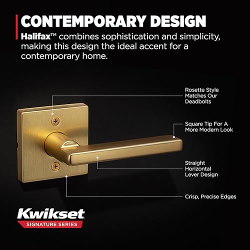 Image of Kwikset Halifax Dummy Door Handle, Single Sided Lever for Closets, French Double Doors, and Pantry, Satin Brass Non-Turning Reversible Interior Push /Pull Lever, with Microban Protection