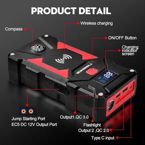 Image of FNNEMGE Car Jump Starter 9000A Peak, 26800mAh Capacity, Up to All Gas and 10.0L Diesel Engine, USB Quick Charge 3.0, LED Light, EC-5 Output.