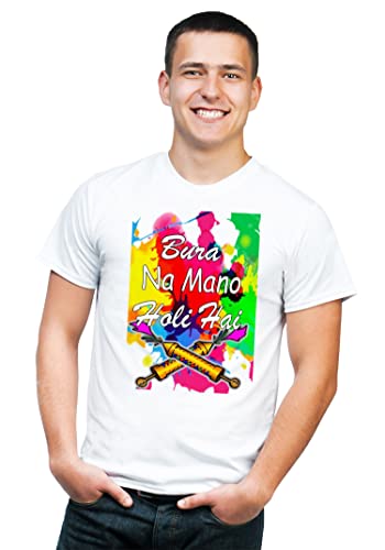 Image of Knitted Polycotton Fabric Regular Fit Men Boys Half Sleeve T-Shirt for Festival of Holi Style 12 White Size : Free