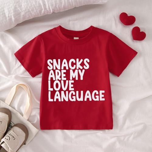Toddler Girl Boy Valentines Shirt Snacks are My Love Language Funny Cute Letter Kids T-Shirts Graphic Outfit4