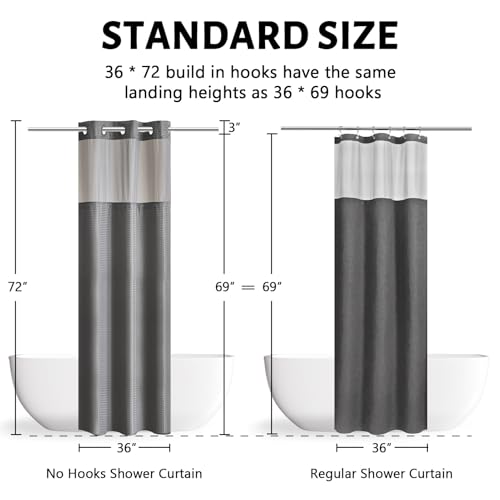 Image of Furlinic Stall Size No Hook Shower Curtain with Snap in Liner,Waffle Weave Heavy Duty Fabric Bathroom Curtains with See Through Top Window,Waterproof & Machine Washable,Grey,36x72 Inch