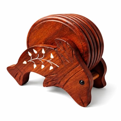 Image of Pebble Crafts Wooden Handmade Fish Shaped Set of 6 with Decorative Holder Tabletop Coasters for Tea Coffee Cups Mugs Beer Cans Bar Glass Indian Handicrafts